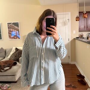 Timing blue and white striped button up shirt